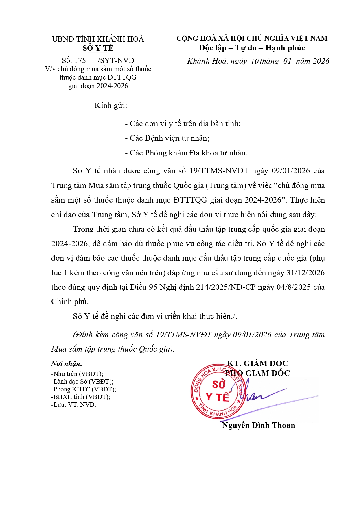 V/v chủ động mua sắm một số thuốc thuộc danh mục ĐTTTQG giai đoạn 2024-2026